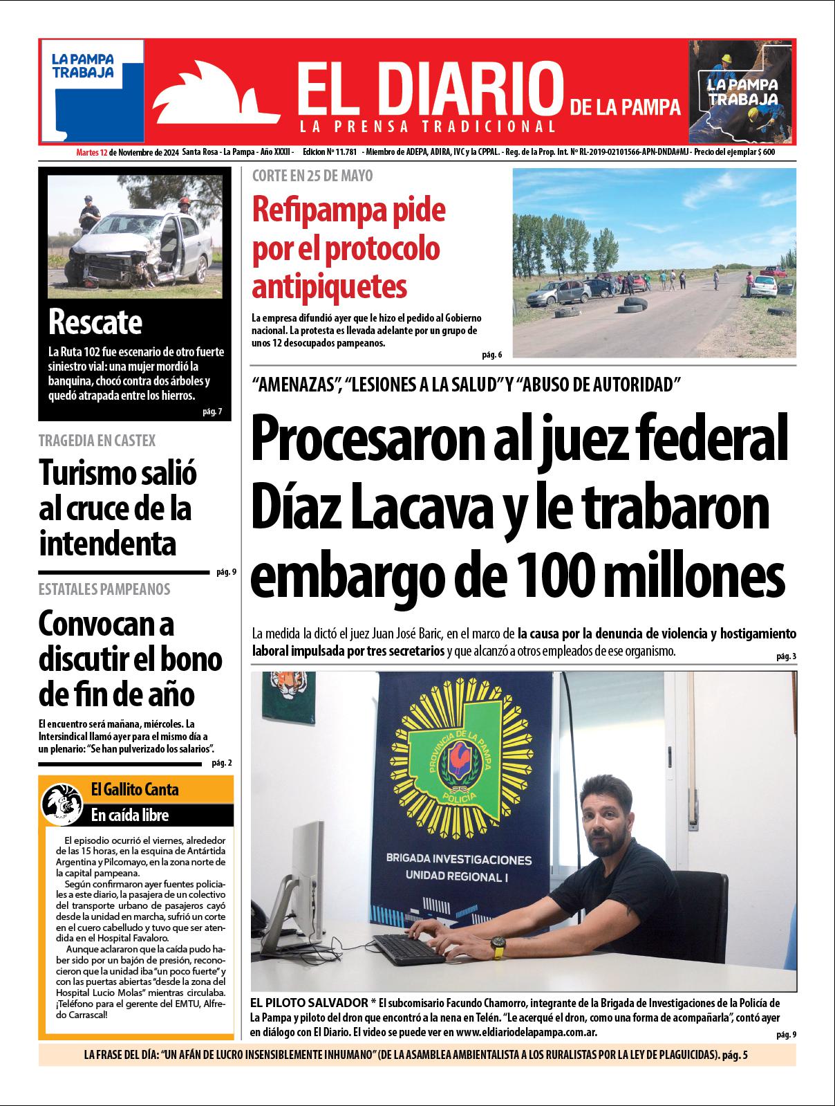 Tapa de El Diario en papel  martes 12 de noviembre de 2024